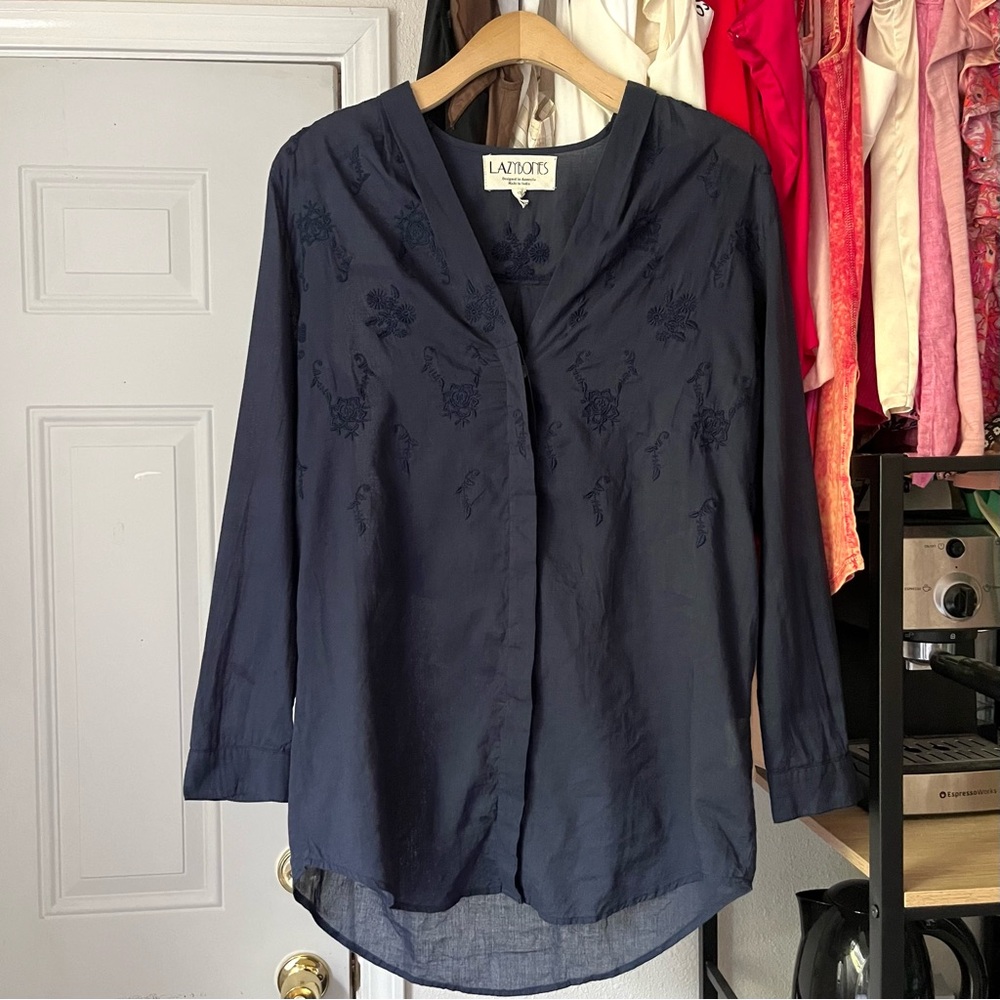 LAZYBONES blue floral semi sheer long sleeve button up blouse‎ shirt